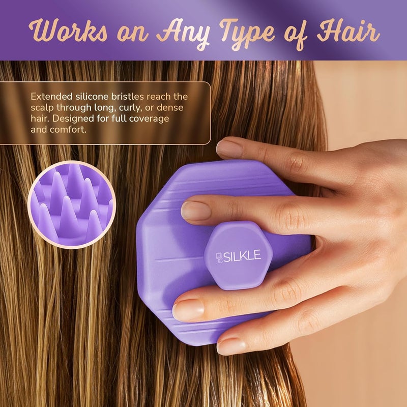 SILKLE Scalp Massager Shampoo Brush – Silicone Scalp Scrubber for Hair Growth & Dandruff Removal, One-Piece, Non-Slip Handle, Soft Bristles, Wet/Dry Shower Scalp Exfoliator for All Hair Types – Purple - Image 3